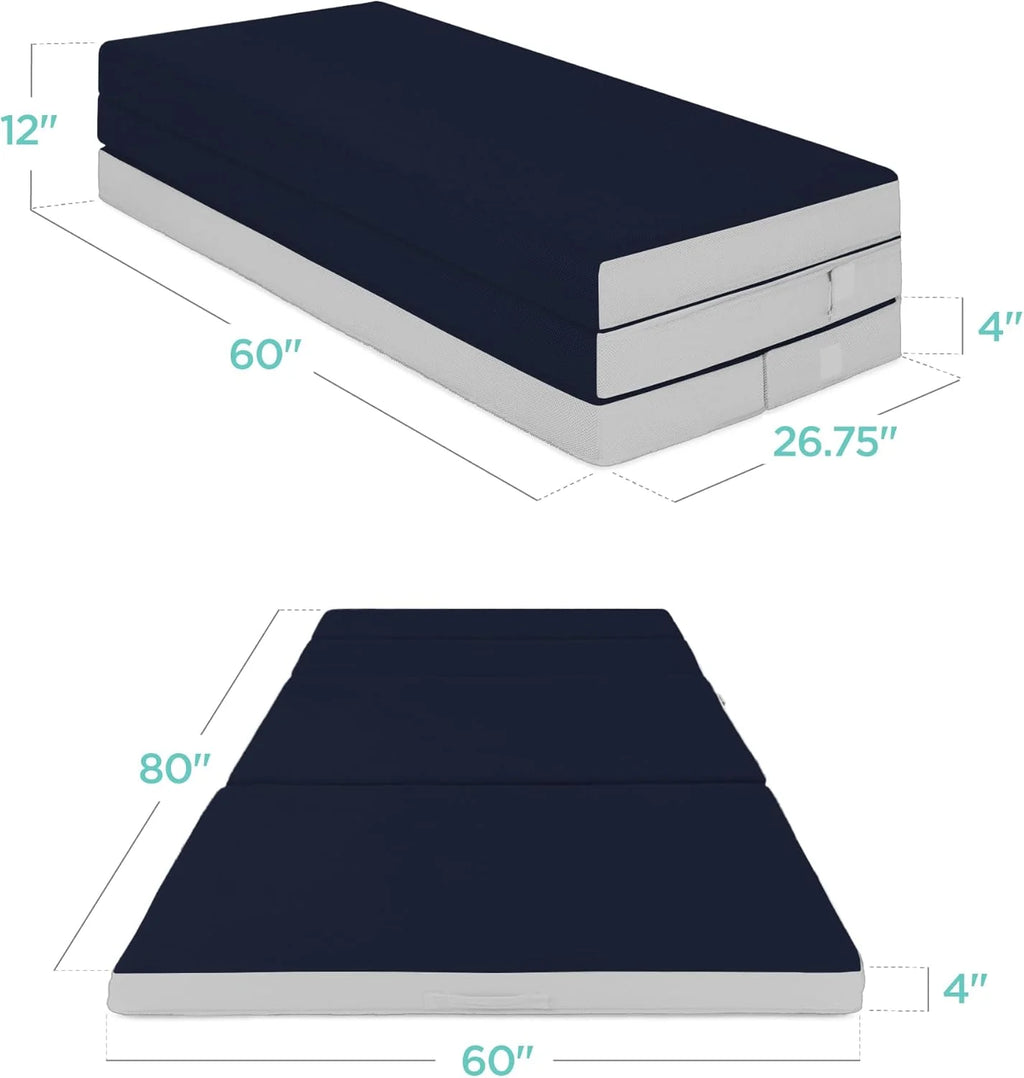 4in Portable Queen-Size Mattress, Tri-Fold Mattress for Camping, Guest, Toddler
